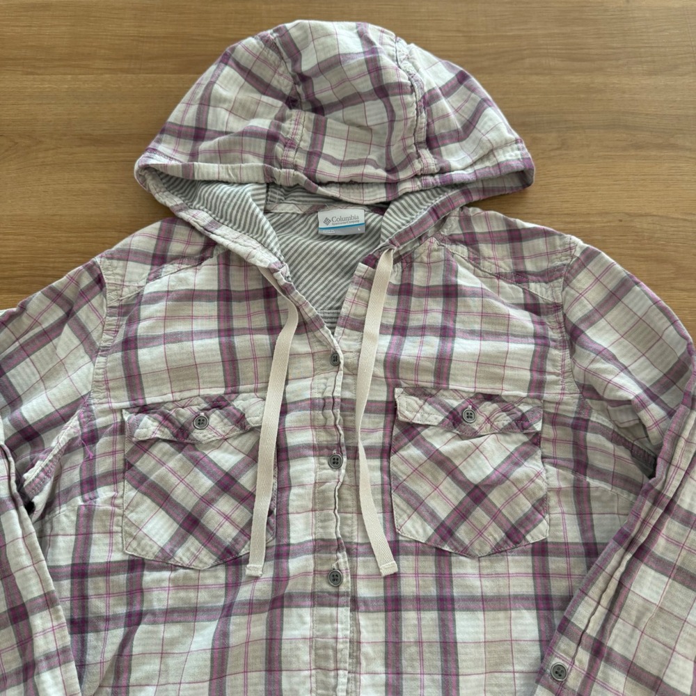 Columbia Womens Large Purple Plaid Cotton Button Down Hooded Shirt Jacket L - Picture 2 of 7